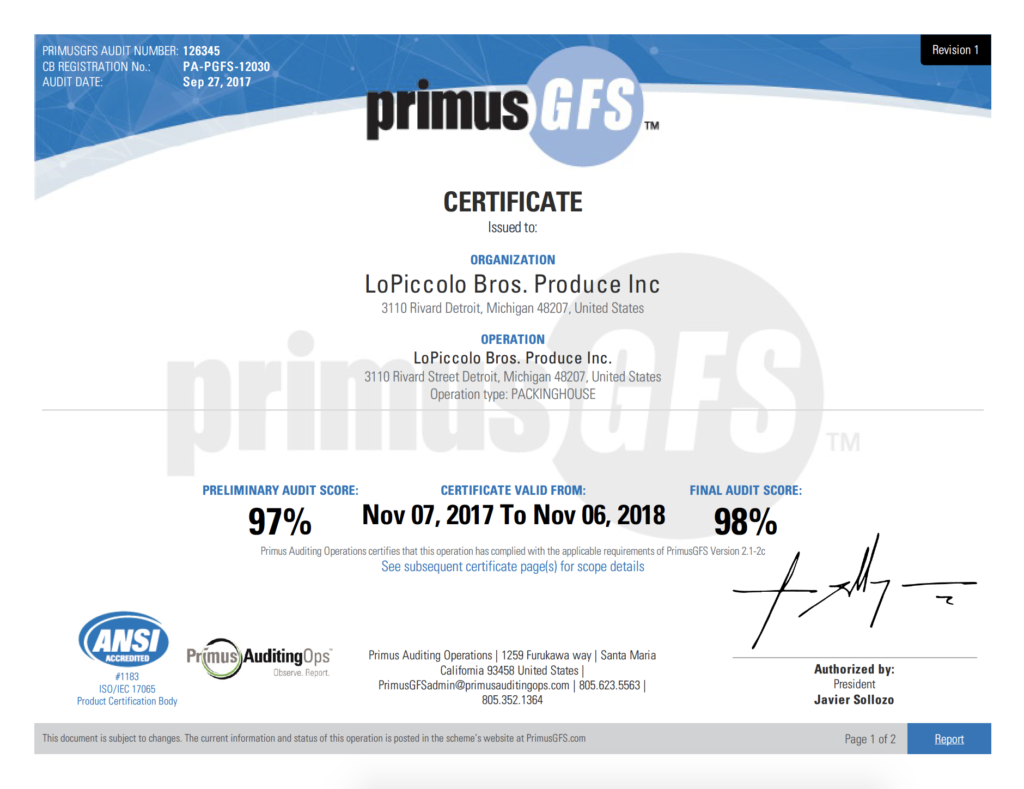 Primusgfs Checklist.pdf Food Safety | LoPiccolo Brothers